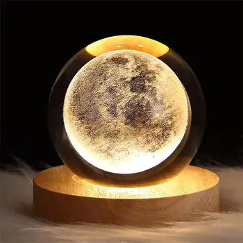 Unique 3D Crystal Ball LED Night Light - Galaxy Saturn Moon Lamp, 5cm Bedside Table Gift for Kids & Space Lovers